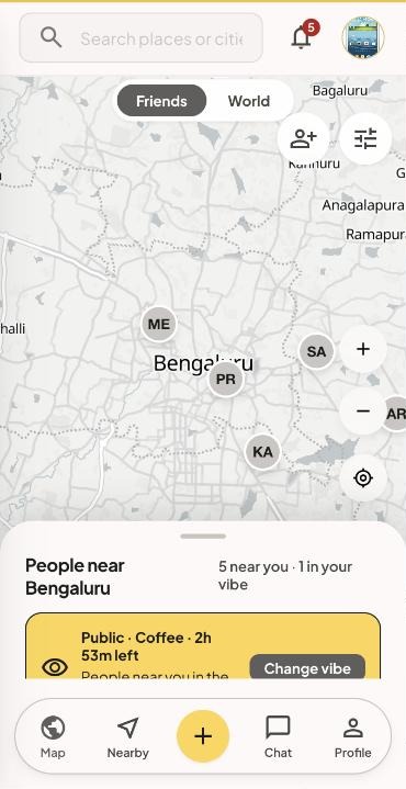 A Corridor map screen showing five nearby friends and their live vibes